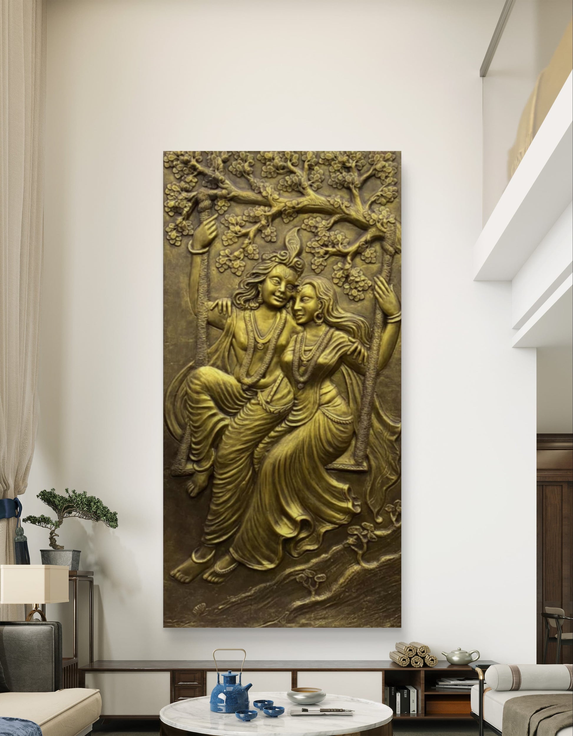 6x3 Feet | Radha Krishna Swing 3D Relief Mural | Divine Wall Art | Ready to Hang