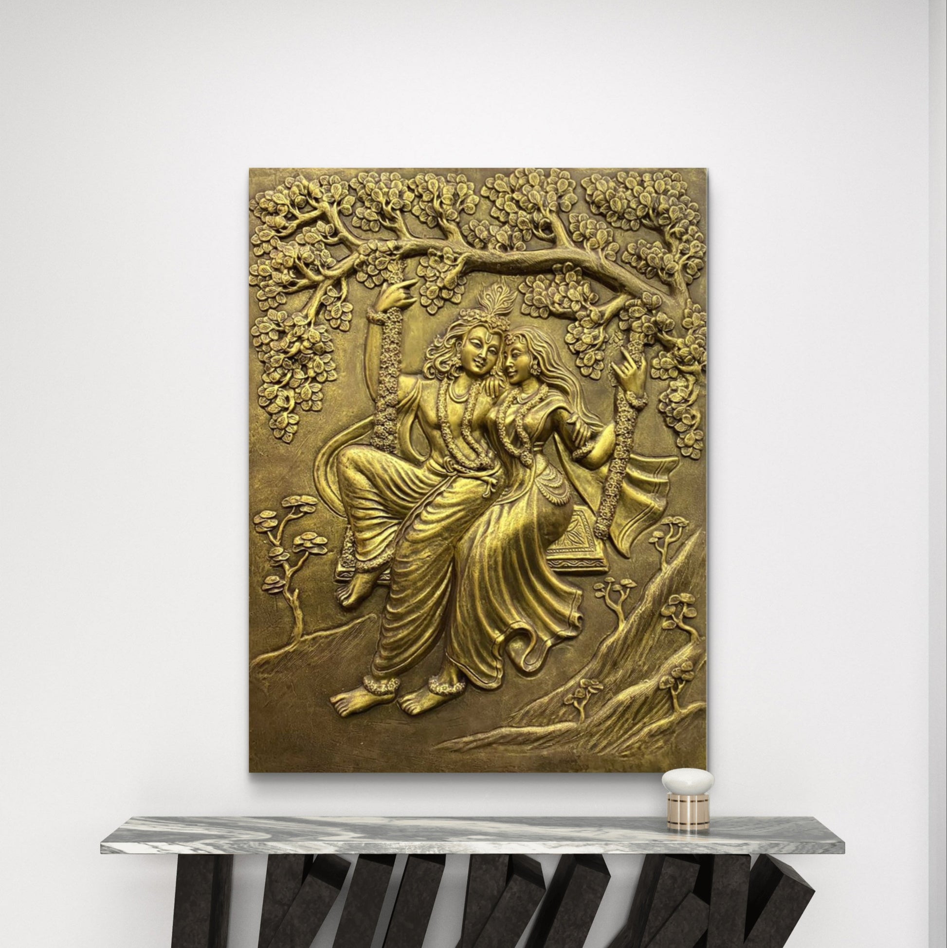 4x3 Feet | Radha Krishna Swing 3D Relief Mural | Spiritual & Romantic Wall Art