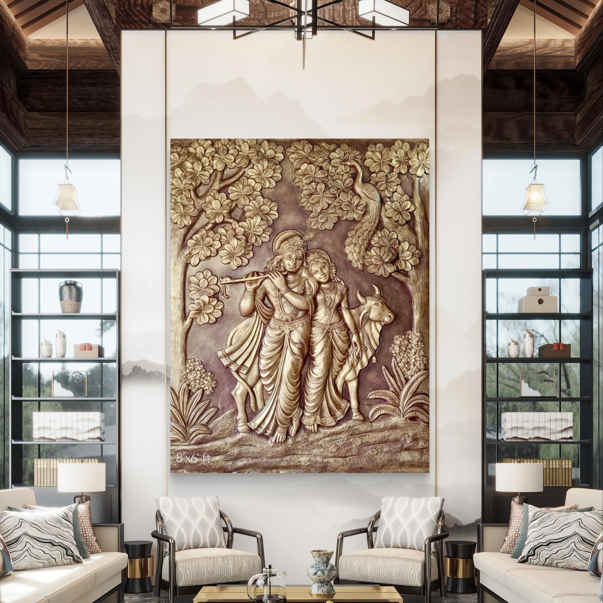 7x6 Feet | Radha Krishna 3D Relief Mural Wall Art | Ready-to-Hang Divine Décor for Home & Temple