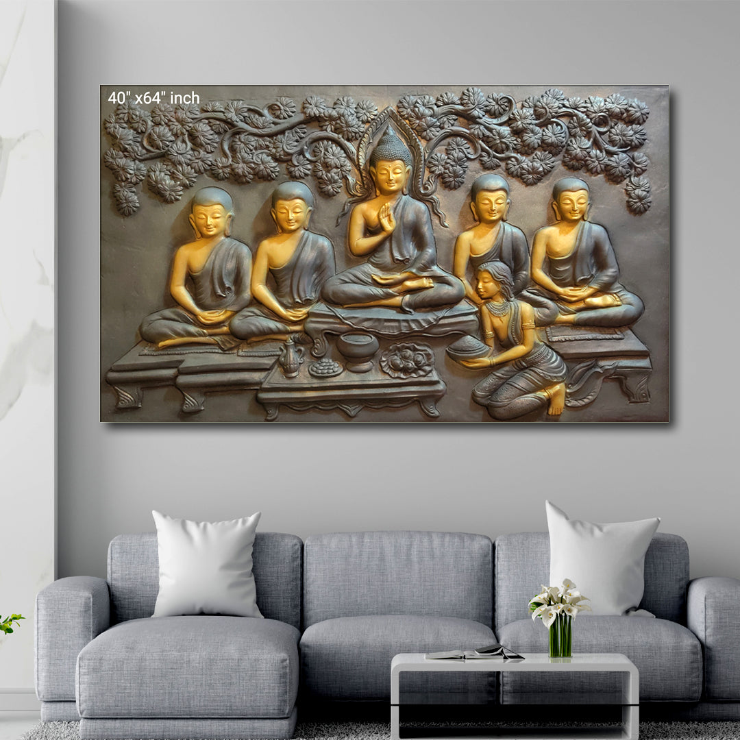 Buddha with Sujata & Disciples – 3D Relief Mural Wall Art (64 x 40 Inches)