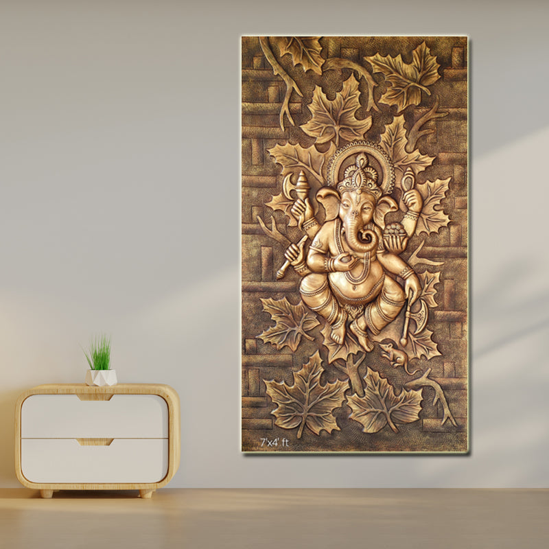 7x4 Feet Dancing Ganesha with Leaves | Large 3D Mural Wall Art