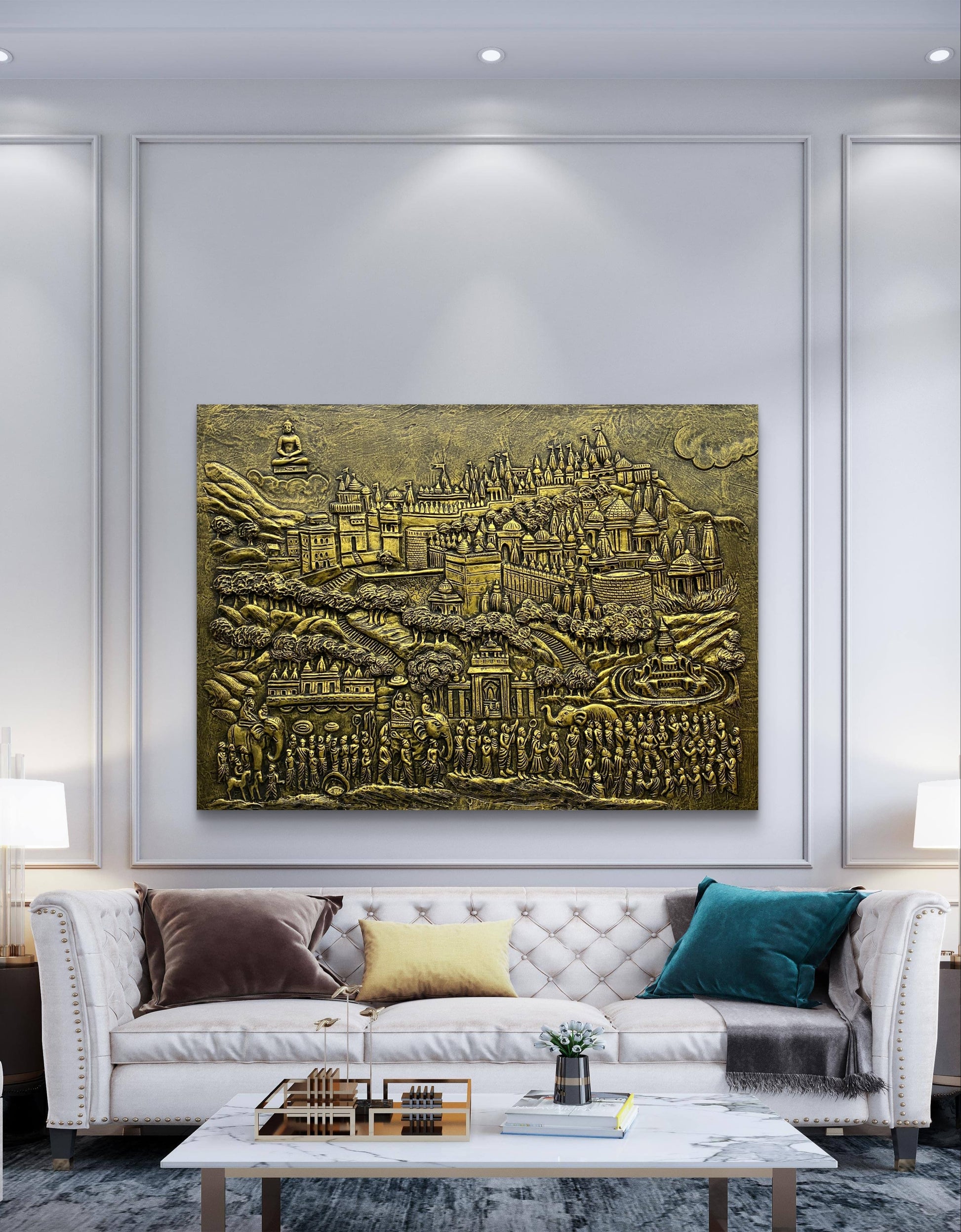 4x3 Feet | Palitana Jain Tirth Temples 3D Relief Wall Mural | Available in Golden, Bronze & White |