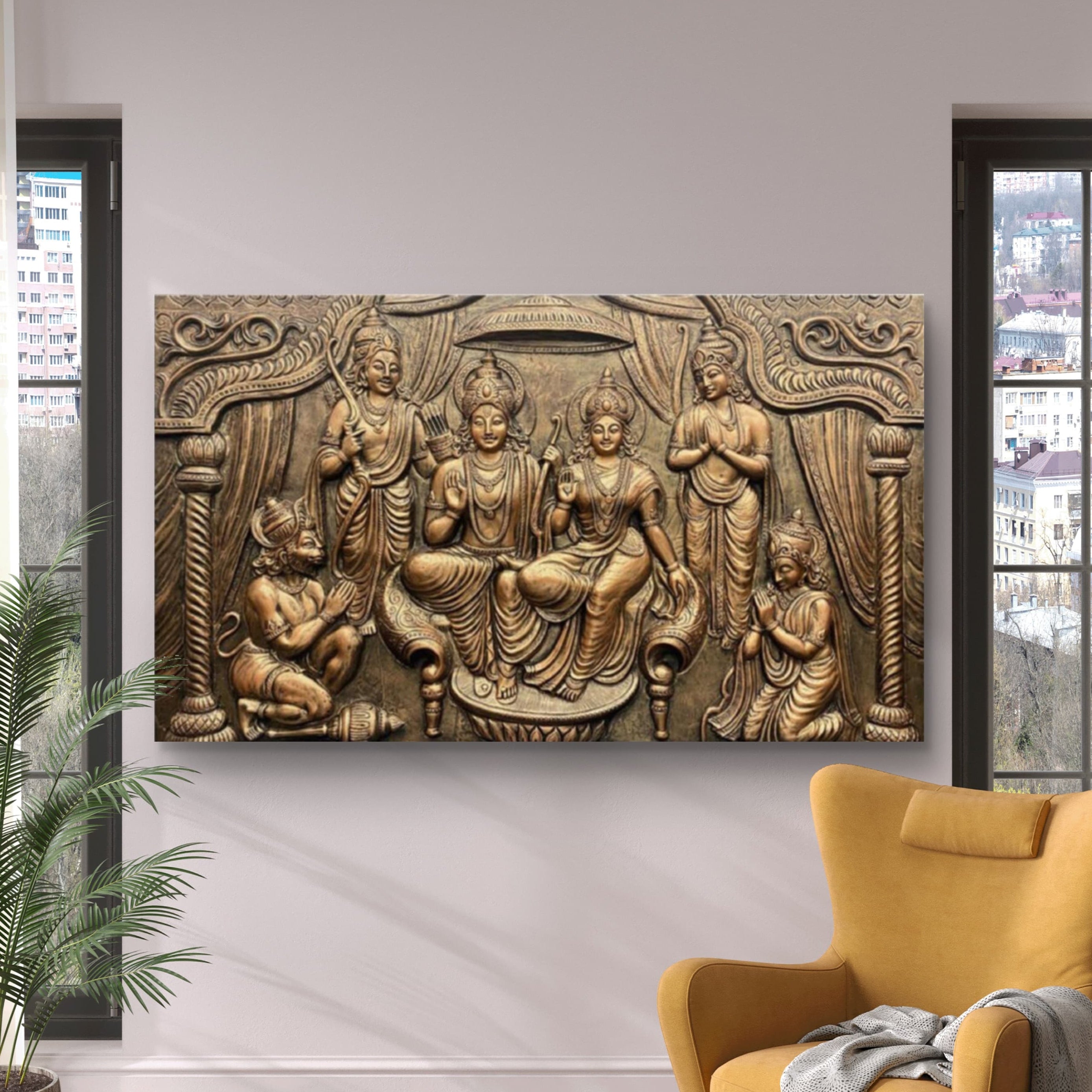 Bronze Ram Darbar sculptural art, showcasing intricate 3D relief detailing and a royal darbar setting.