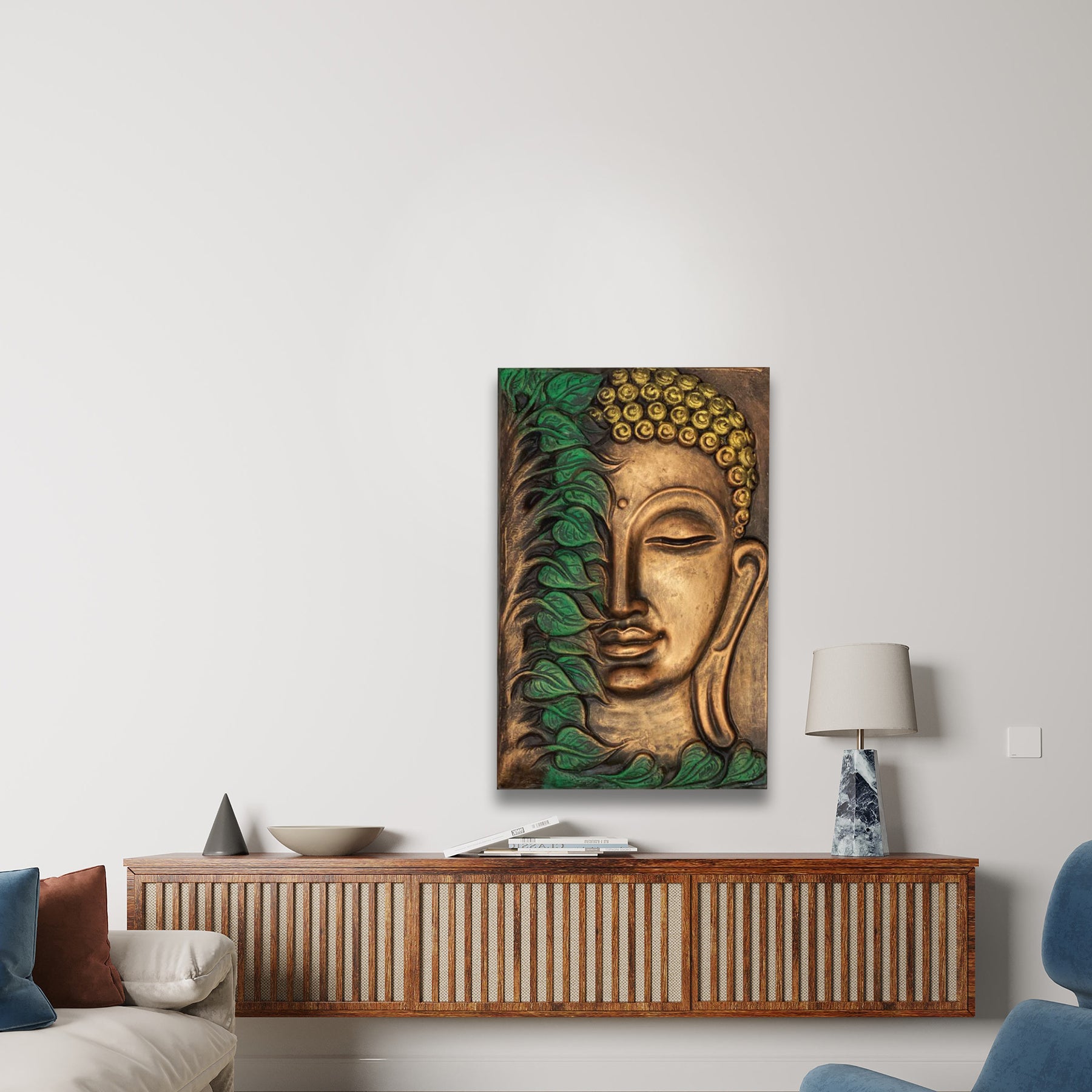 Buddha with Green Leaves 3D Relief Mural (19x12 in), symbolizing natural harmony and inner peace.
