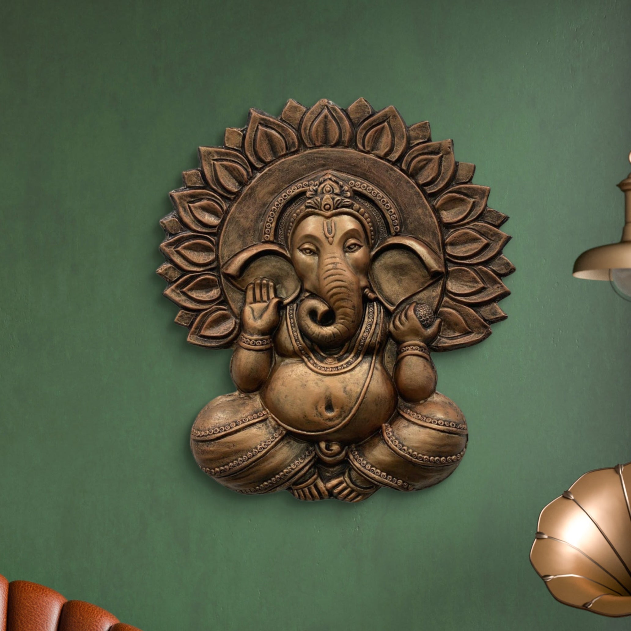 Ganesha Sun design 3D wall art, 2.3x2 feet handcrafted relief mural available in gold, bronze, and white finishes.