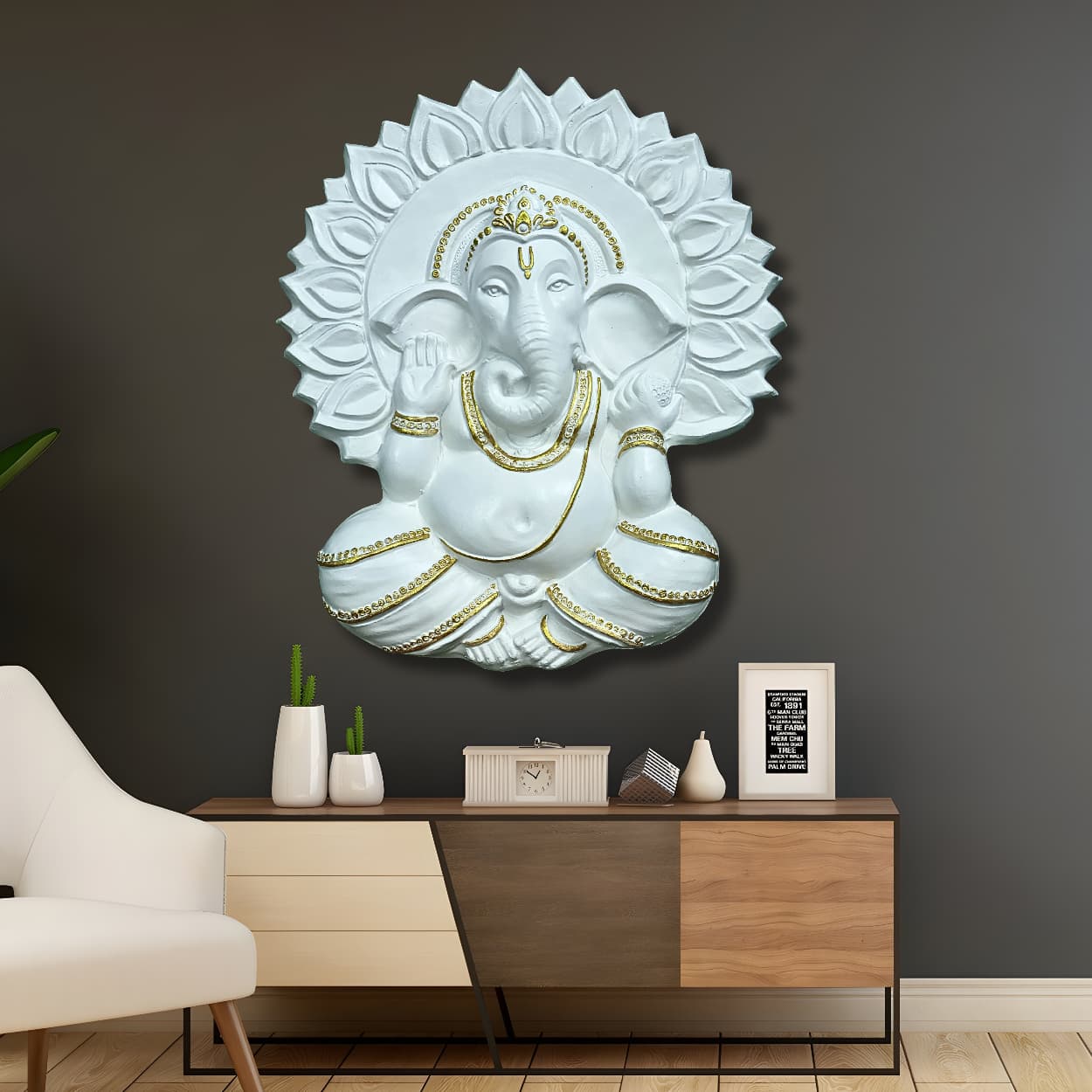 2.3x2 feet Ganesha sun design 3D wall art sculpture | handcrafted cultural relief mural in white finish with golden highlights