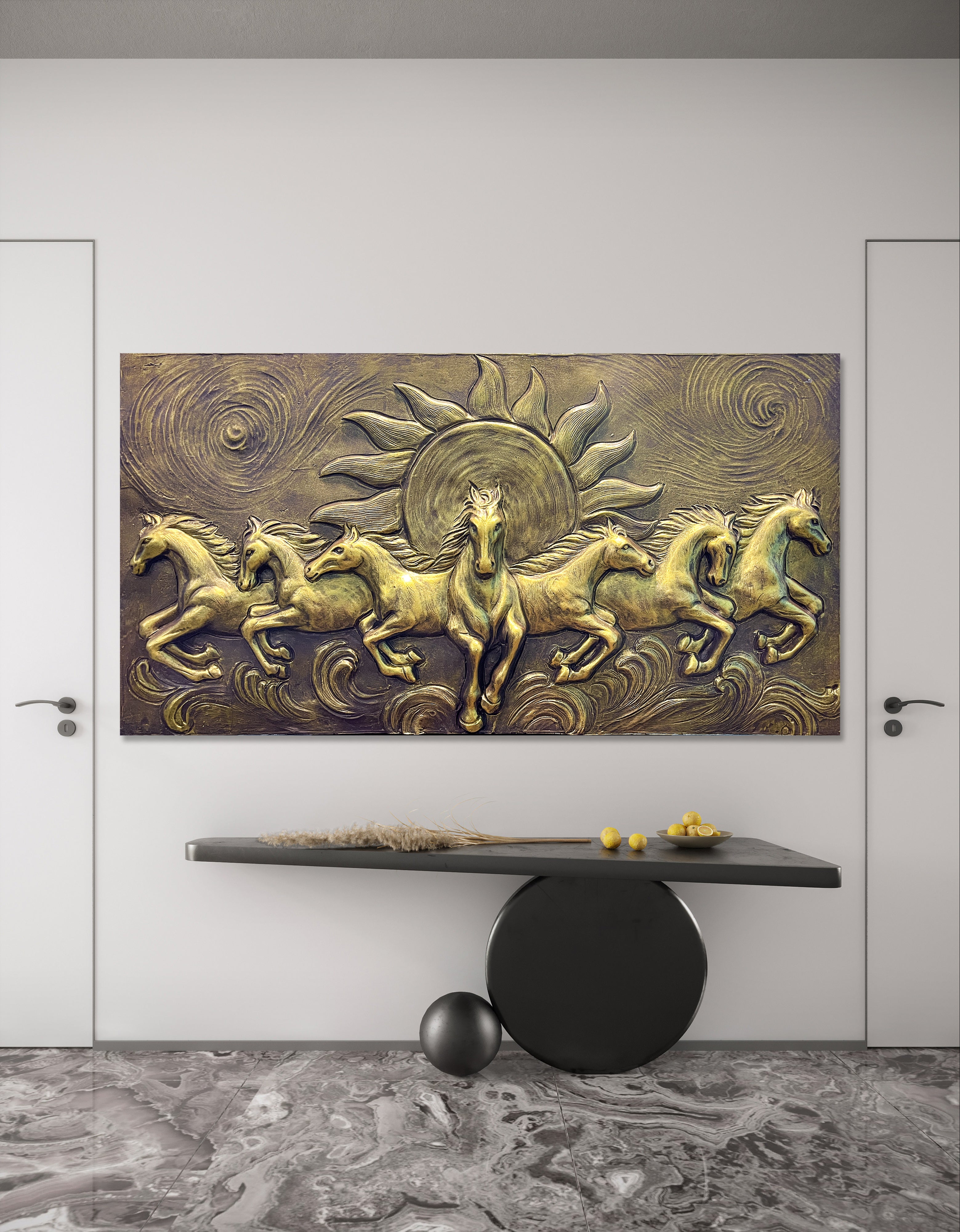 4x2 Feet 7 Horse With Sun Rises | 3D Relief Mural Wall Art – Artgatha