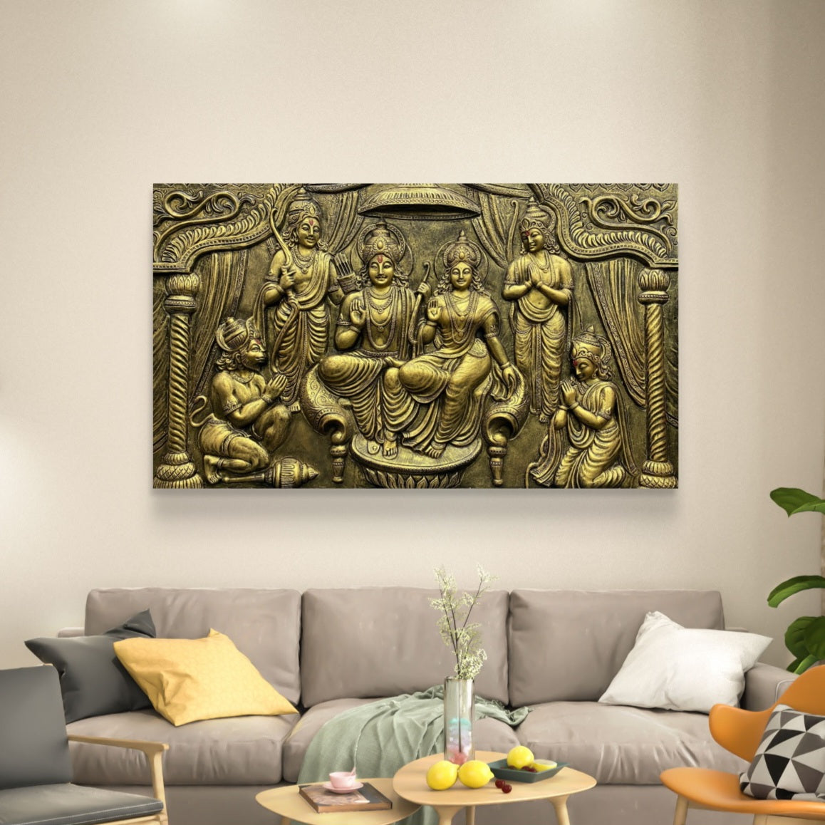 Golden Ram Darbar 3D Relief Mural (4x6 ft), featuring Lord Rama, Sita, Lakshman, and Hanuman.