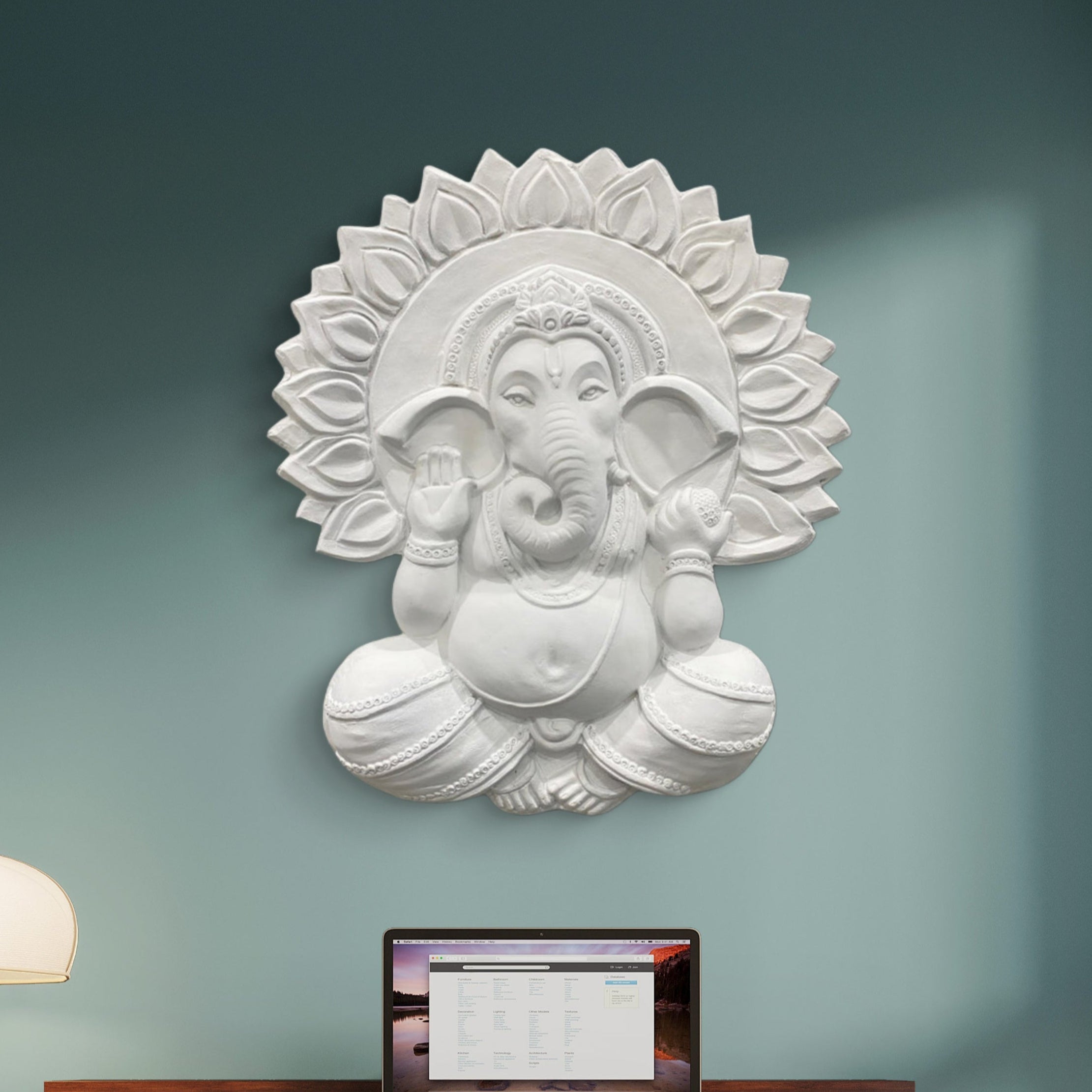 Handcrafted Surya Ganesha 3D wall mural, 2.3x2 feet relief sculpture available in gold, bronze, and white colors, ready to hang.