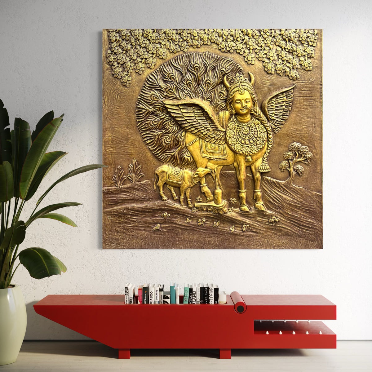 Kamdhenu Cow 3D Relief Wall Mural | 4x4 Feet | Ready-to-Hang Vastu