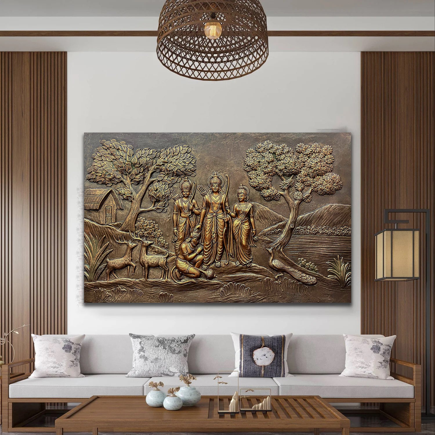 Close-up of the Ram Darbar mural, showcasing intricate relief detailing and aesthetic grandeur.