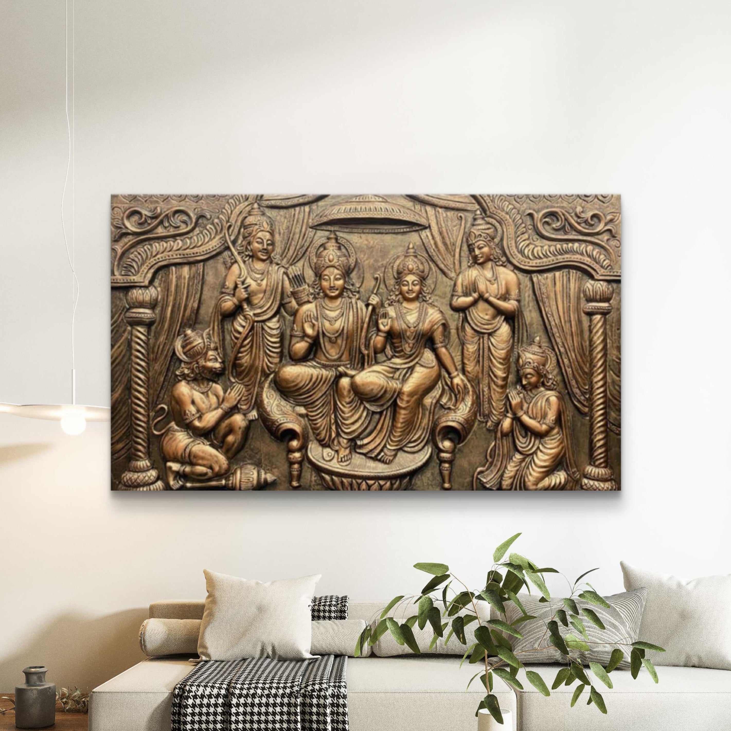 Bronze finish 4x6 feet Ram Darbar 3D relief mural, detailed Hindu wall art showcasing Rama, Sita, Lakshman and Hanuman in a royal darbar scene.