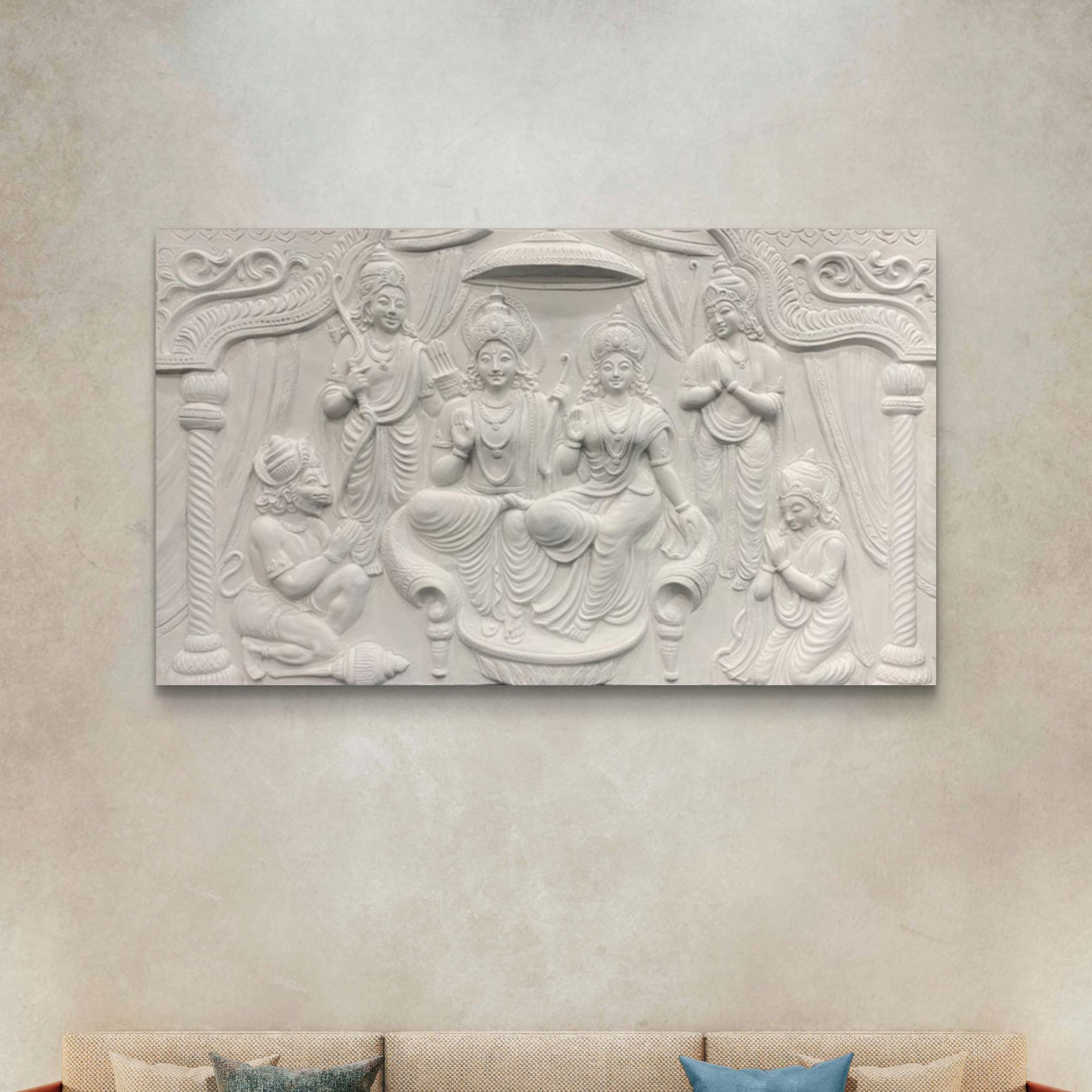 Ram Darbar Lord Rama 3D wall hanging, 4x6 feet handcrafted mural available in gold, bronze and white finishes, ready to hang.