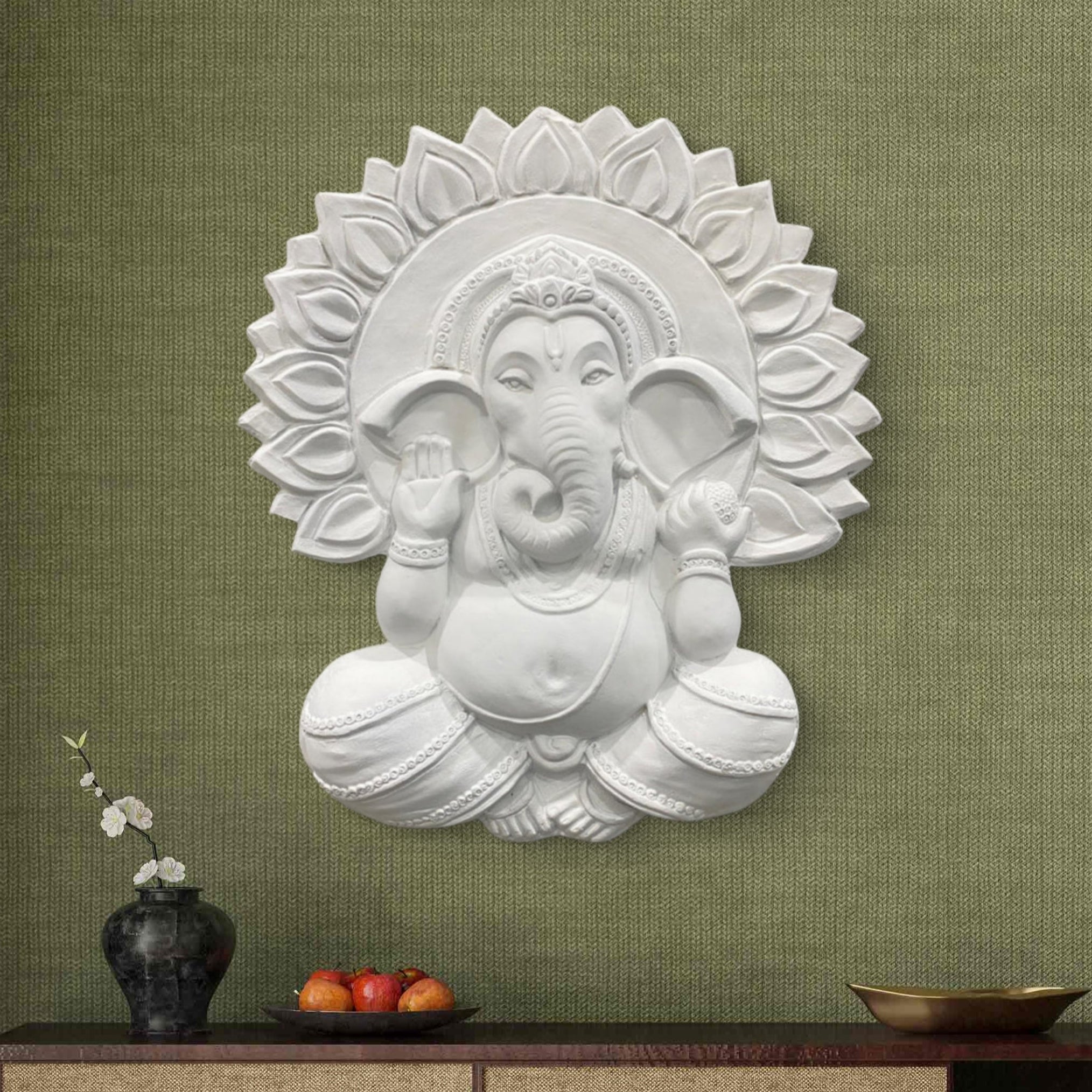 Handcrafted Surya Ganesha 3D wall art mural | white finish decorative sculpture (2.3x2 feet)