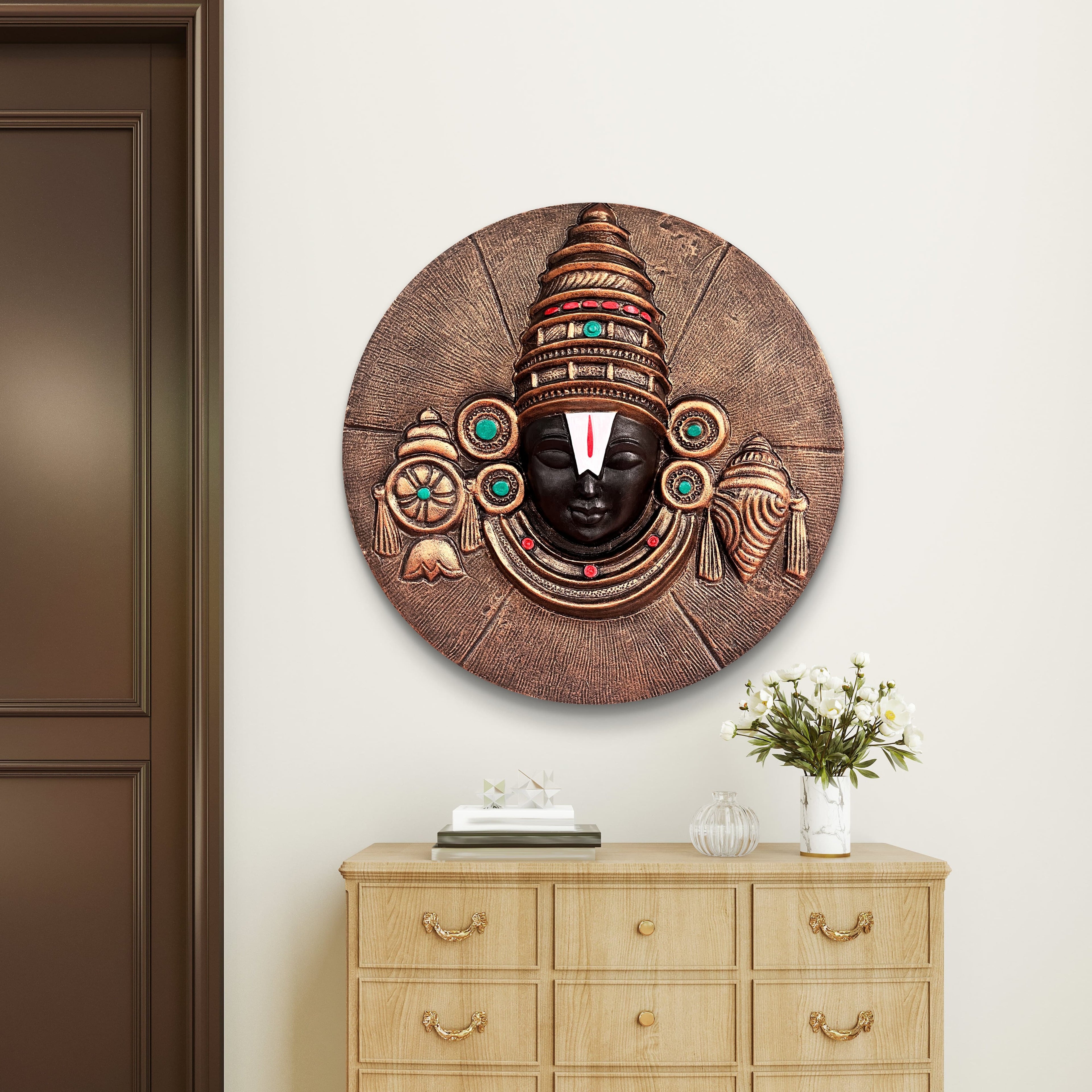 Bronze finish 18x18 inch Tirupati Balaji 3D relief mural, handcrafted Lord Venkateshwara wall sculpture for temples and spiritual interiors.