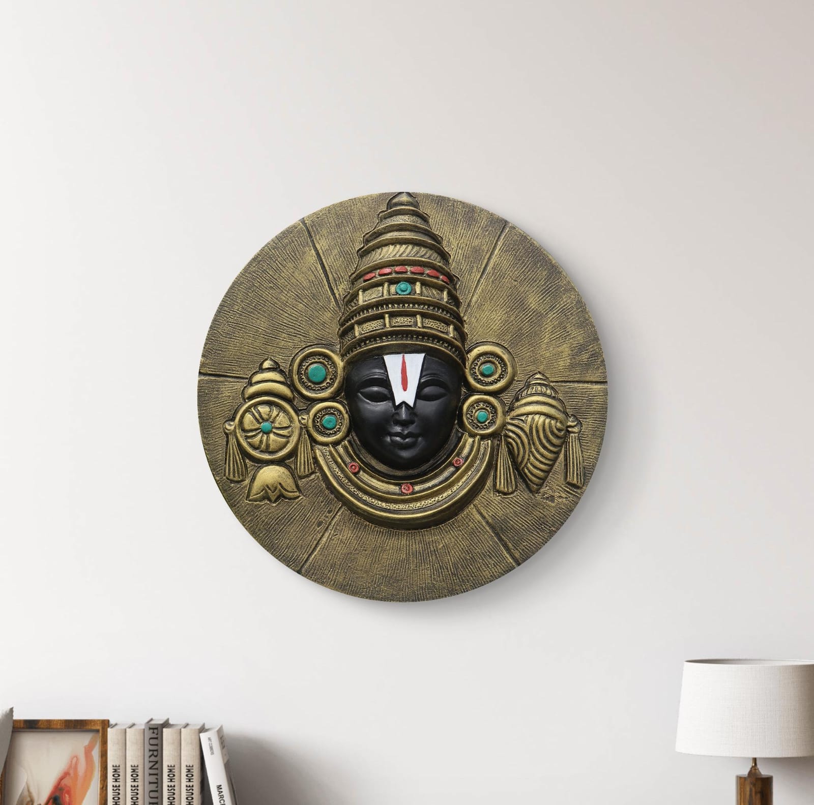 18x18 inch Tirupati Balaji 3D relief wall mural in gold finish, handcrafted Hindu wall art depicting Lord Venkateshwara for divine home décor.