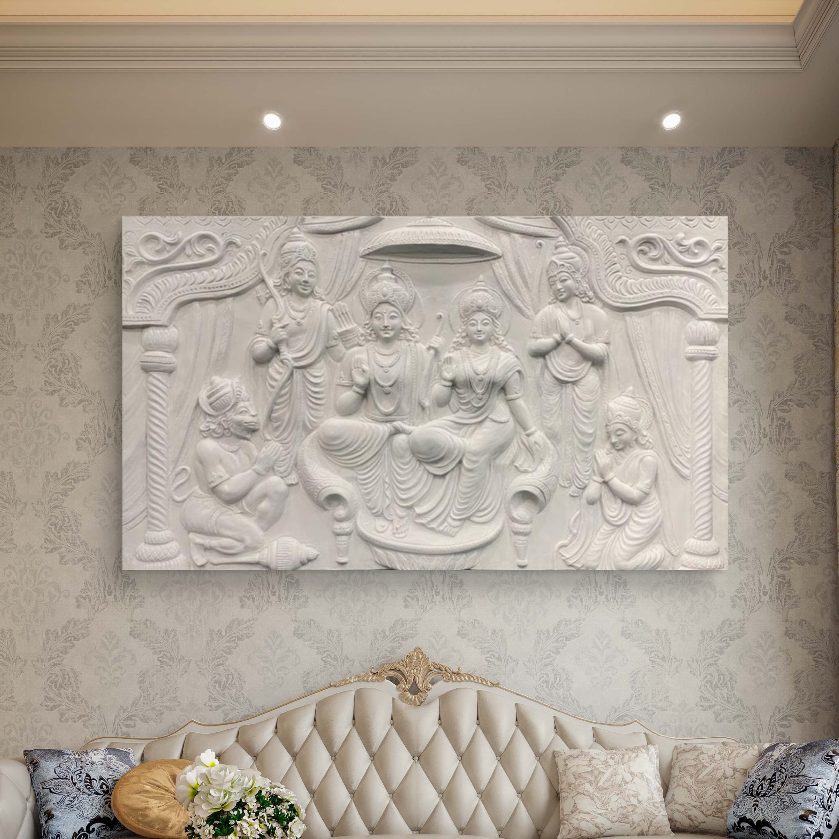 White finish 4x6 feet Ram Darbar panel, a ready-to-hang piece radiating peace, strength, and devotion.