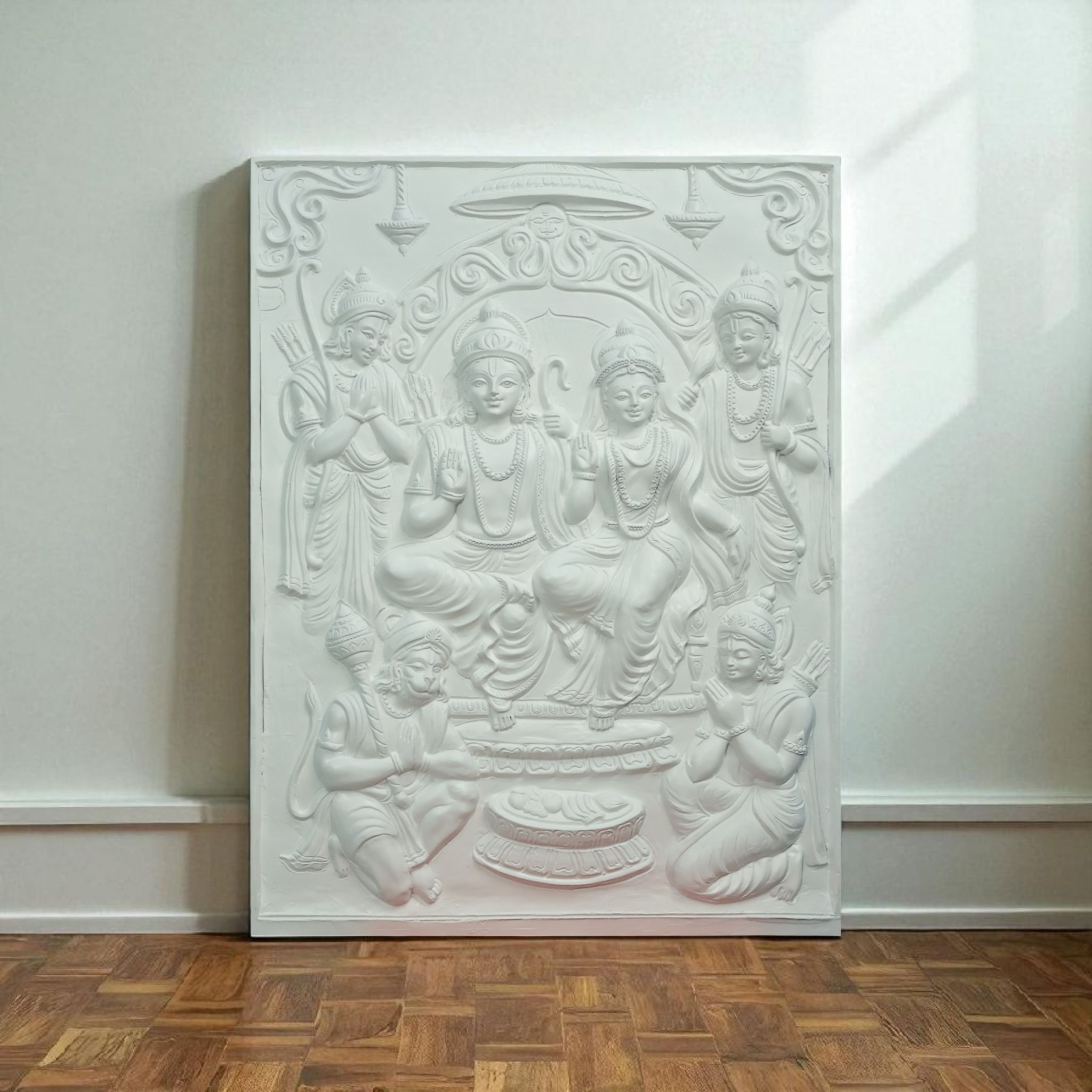 White Ram Darbar mural, celebrating divine unity and spiritual elegance in a modern aesthetic.