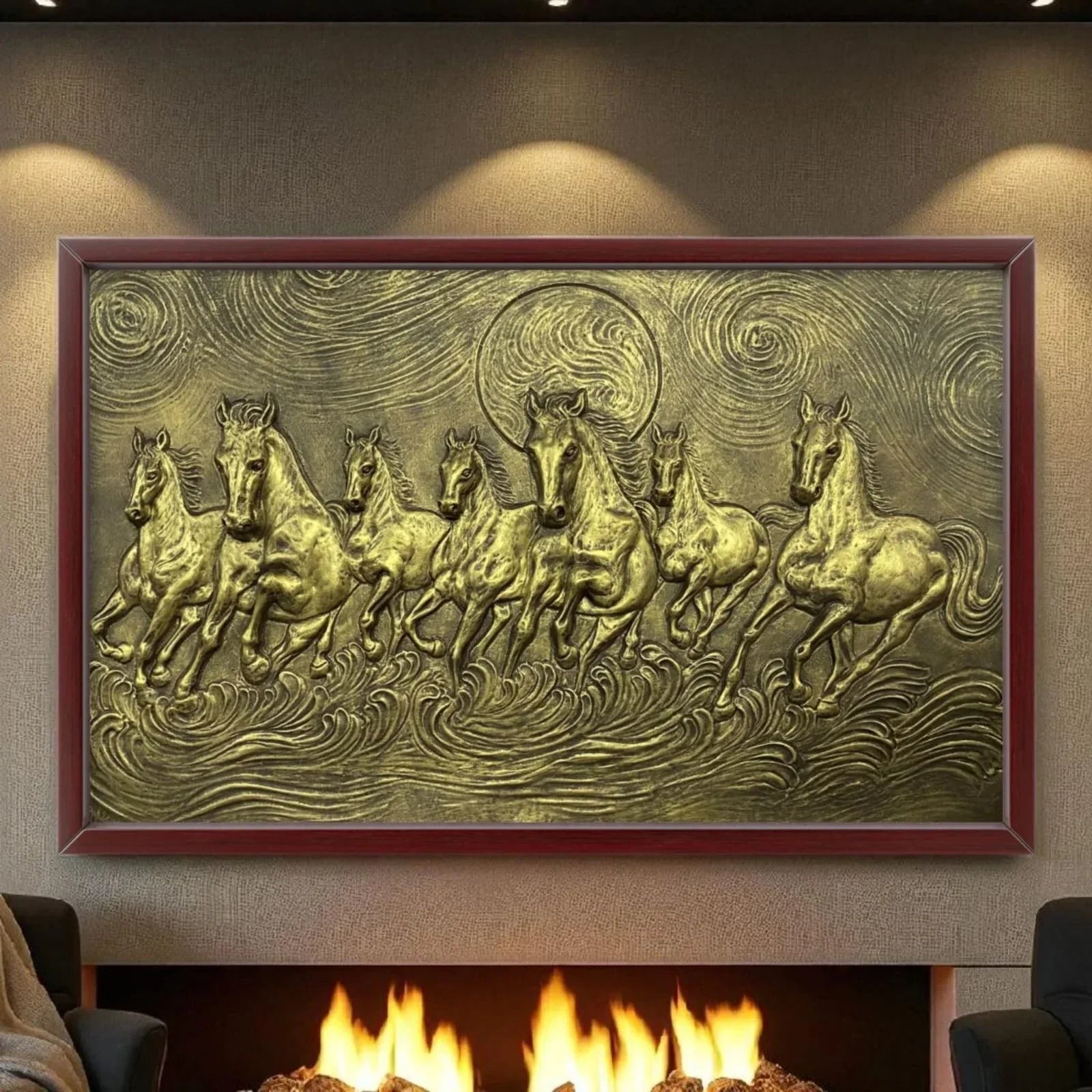 Best horse mural by Artgatha showcasing a premium wall art design with seven running horses in an elegant metallic finish, perfect for luxury home and office interiors.