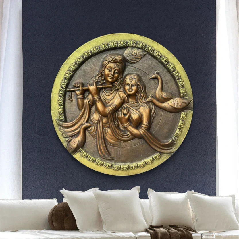 Best Radha Krishna Painting featuring an elegant 3D relief of Radha and Krishna playing flute in antique bronze finish, handcrafted wall art by Artgatha.