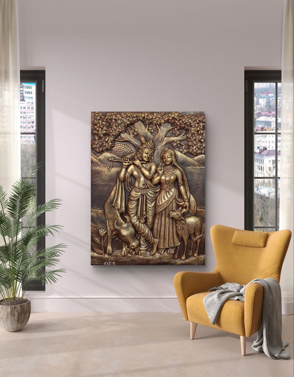4x3 feet Radha Krishna relief wall mural in gold and bronze finish, handcrafted divine wall art symbolizing eternal love and devotion.