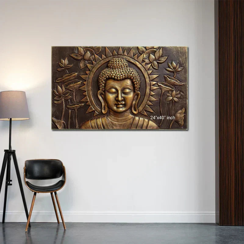 Buddha wall mural with golden 3D Buddha face and lotus flowers mounted on a modern living room wall