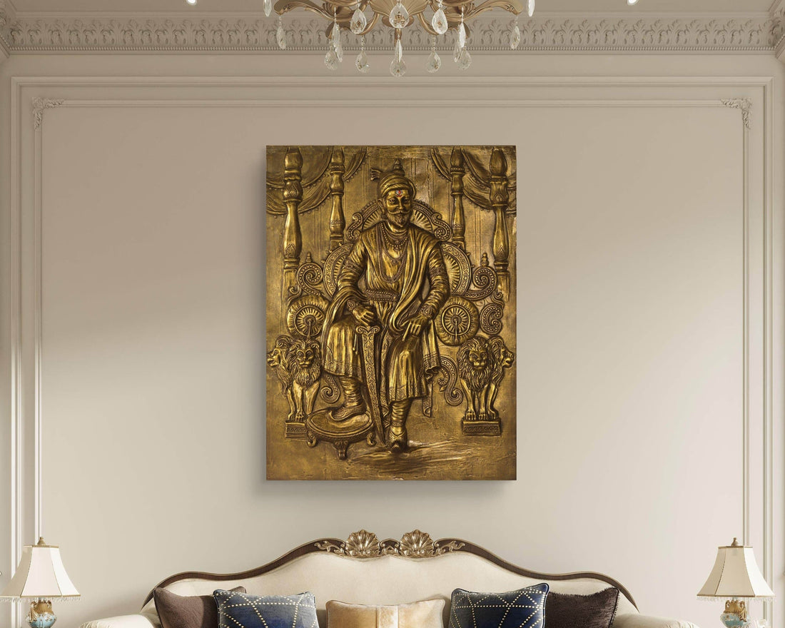 Golden relief painting of Chhatrapati Shivaji Maharaj seated on a throne with lions at his feet, dressed in royal attire, and holding a sword, showcasing a majestic and historical depiction of the Maratha king.