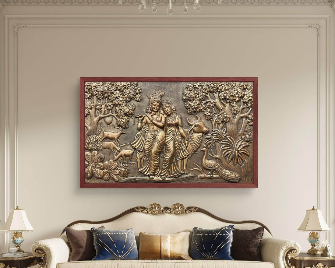 Modern art relief painting of Radha and Krishna, depicted in golden tones, surrounded by lush nature and wildlife. The artwork features intricate details of trees, animals, and flowers.