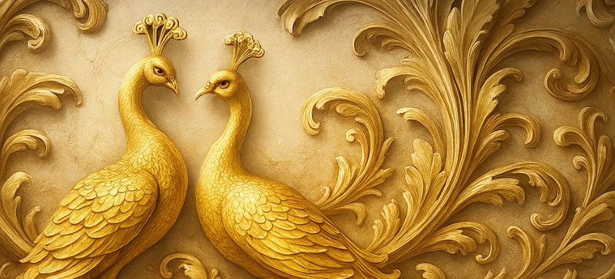 Elegant mural art wall painting showcasing two golden peacocks facing each other, surrounded by intricate floral carvings and decorative patterns in a luxurious golden tone.