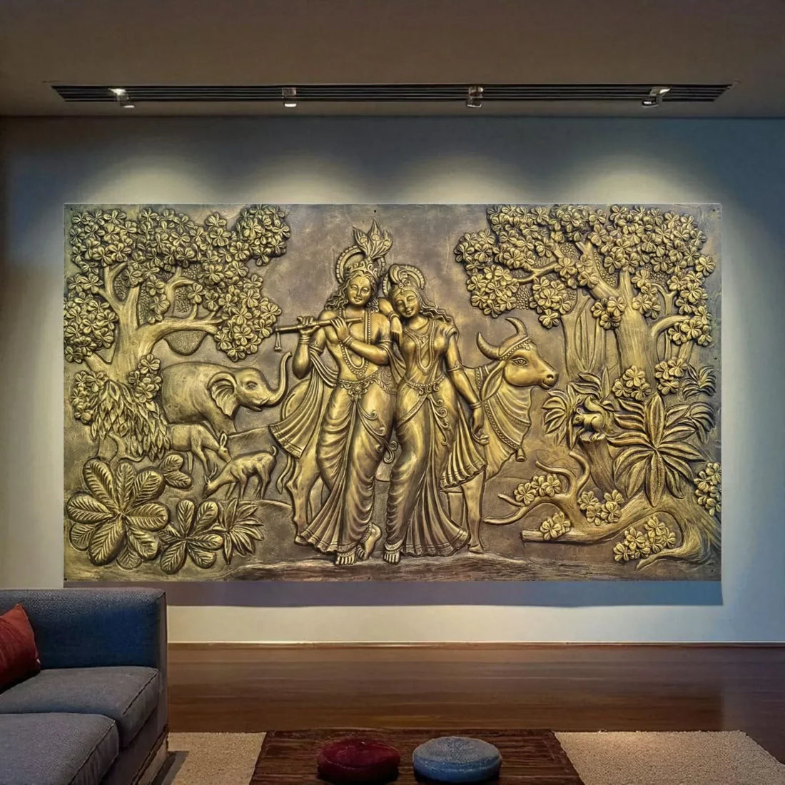 Modern art relief painting of Radha and Krishna, depicted in golden tones, surrounded by lush nature and wildlife. The artwork features intricate details of trees, animals, and flowers.