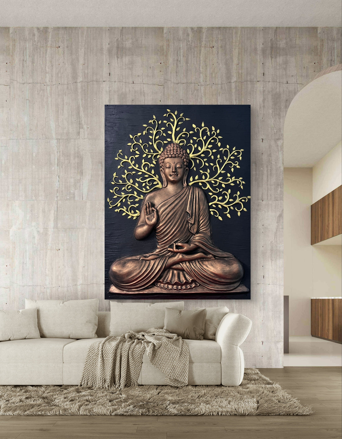 Buddha wall mural with golden 3D Buddha face and lotus flowers mounted on a modern living room wall