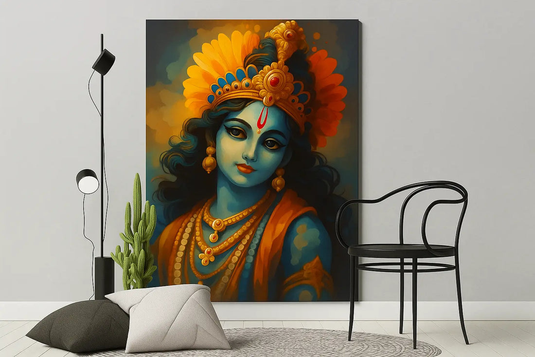 Beautiful wall mural art featuring a vibrant painting of Lord Krishna in blue and orange tones, displayed in a modern living room with minimalist decor, cactus plant, and elegant furniture.