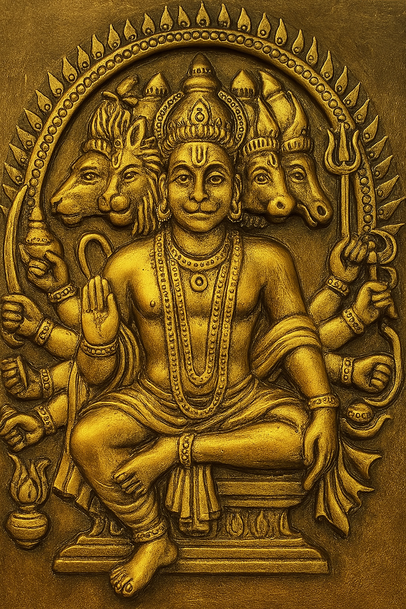 Panchmukhi Hanuman sculpture in intricate bronze relief, showcasing Lord Hanuman with five faces symbolizing various deities, detailed jewelry, and multiple arms holding sacred objects.