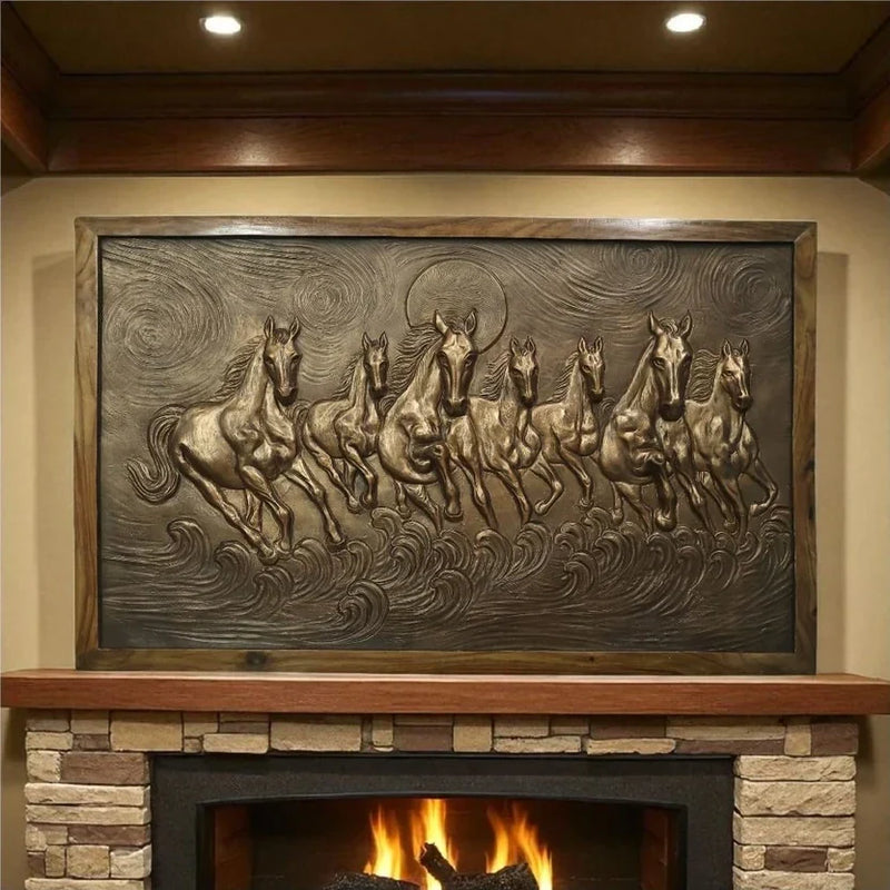 Horse Mural featuring a powerful 3D relief of running horses in antique bronze finish, handcrafted wall art by Artgatha for luxury interiors.