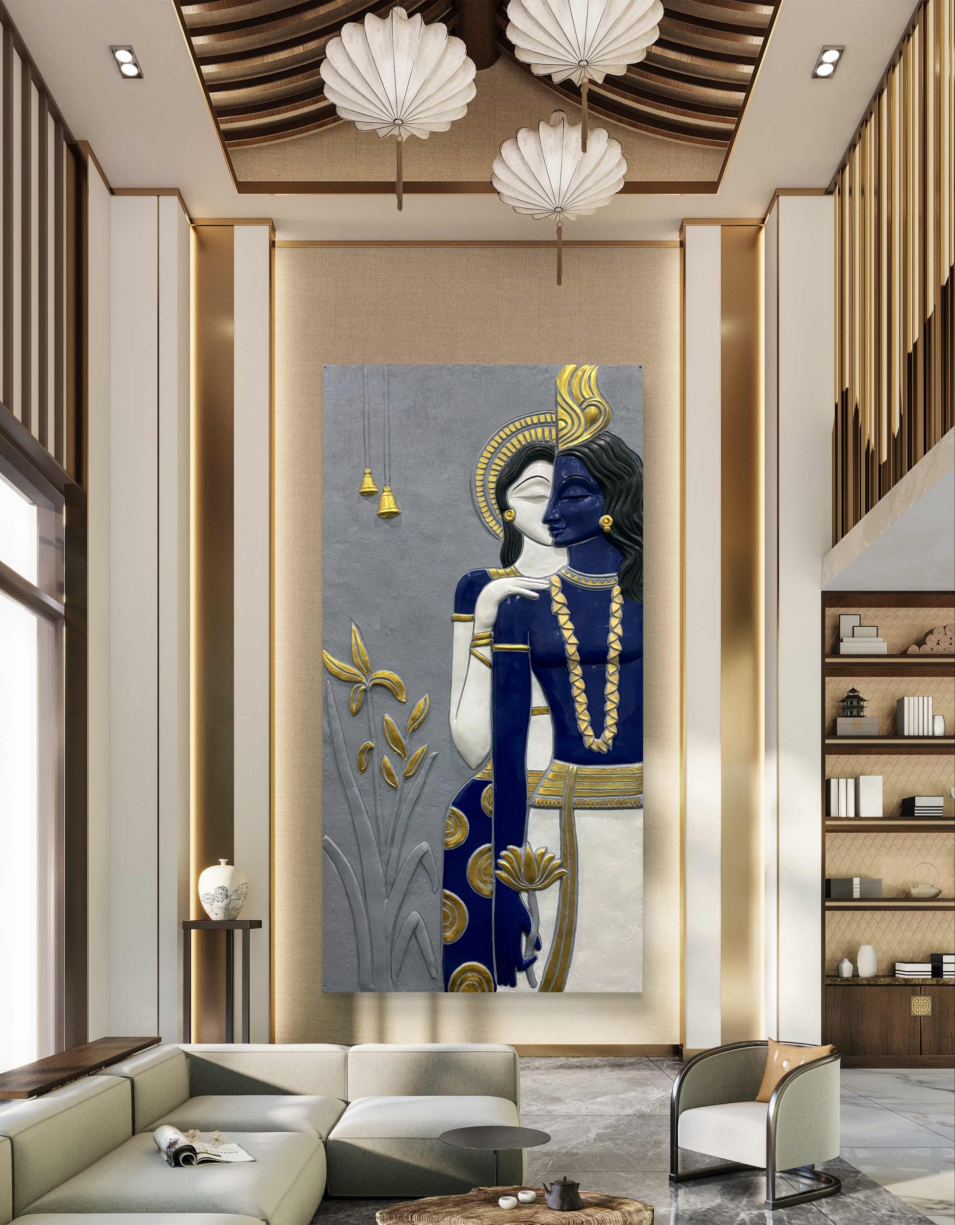 7x3.5 Feet | Abstract Radha Krishna 3D Elevation Sculpture Mural Wall Art | Divine Love & Spiritual Déco | Ready-to-Hang | Handmade Relief Artwork