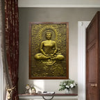 Spiritual wall hanging of Buddha meditating on a lotus, combining artistic beauty with symbolic depth.