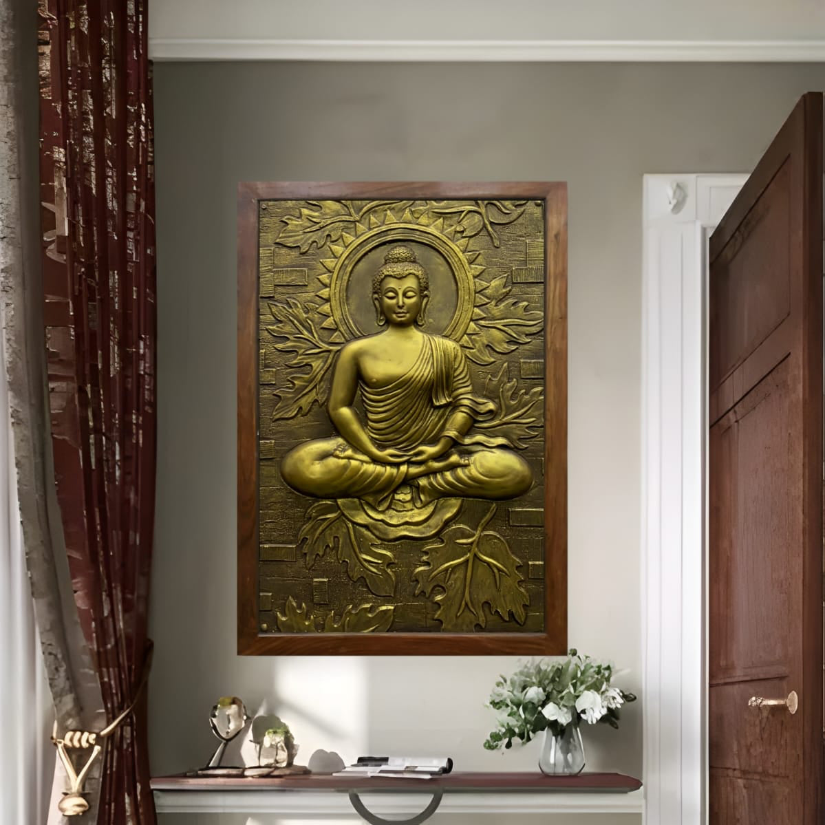 Spiritual wall hanging of Buddha meditating on a lotus, combining artistic beauty with symbolic depth.