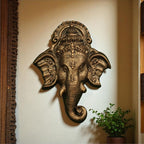 3D relief wall sculpture of Ganesha face | 3x2.5 ft handcrafted mural for home and office décor