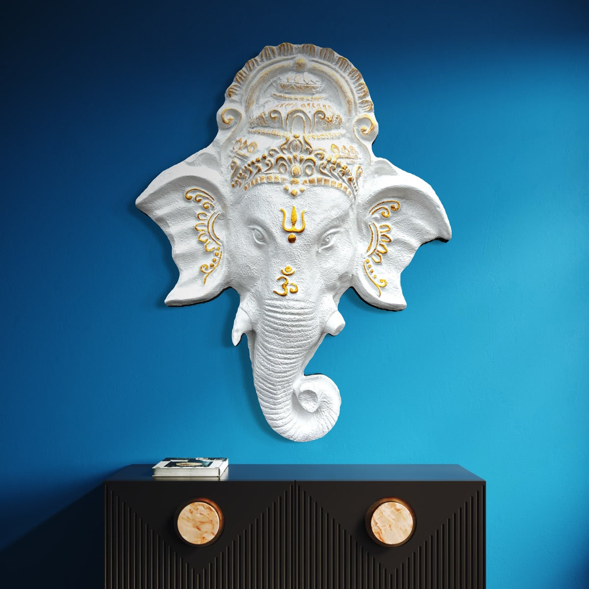 3D relief wall sculpture of Ganesha face 3x2.5 ft handcrafted mural for home and office décor in white and golden highlights colour.