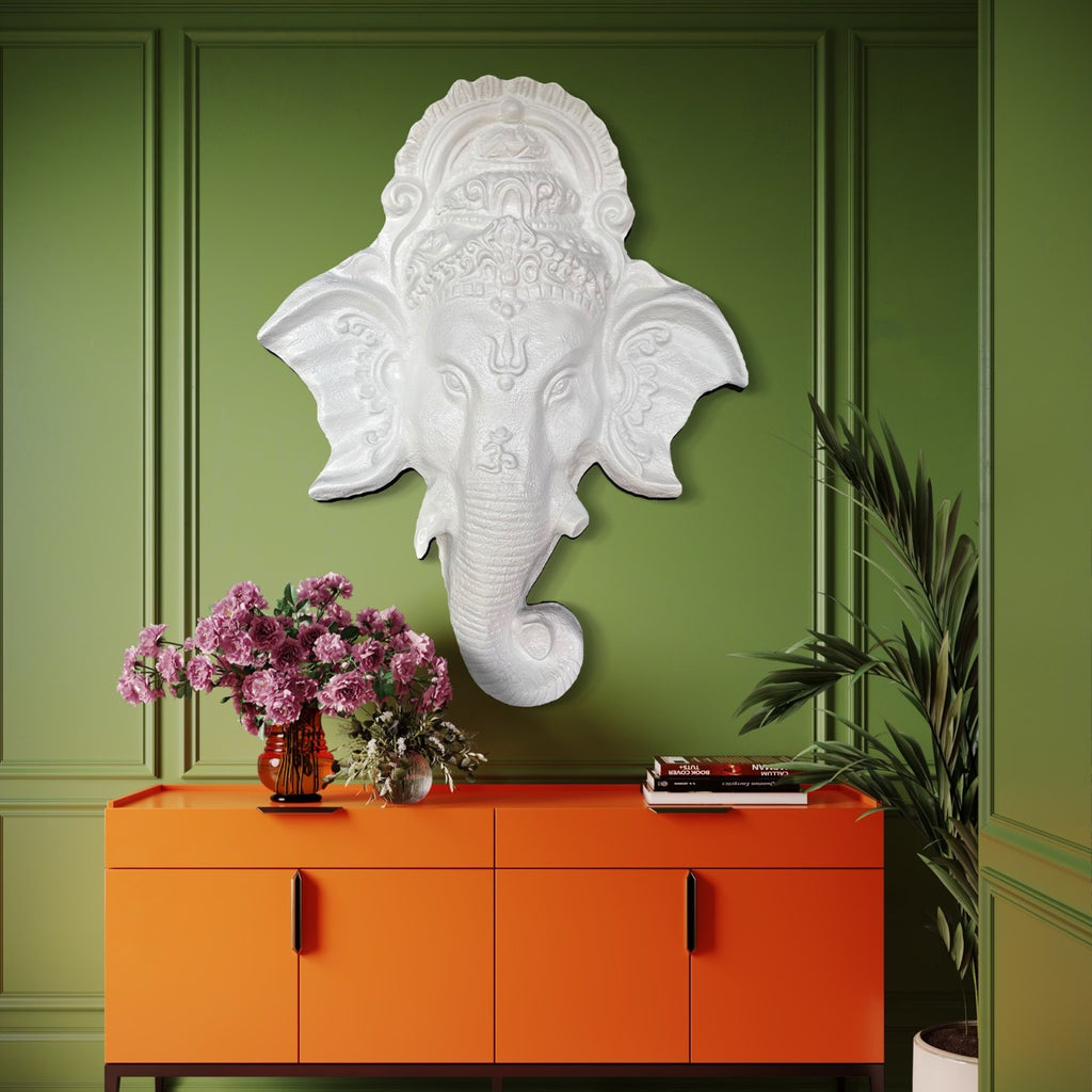 3D relief wall sculpture of Ganesha face 3x2.5 ft handcrafted mural for home and office décor in white colour