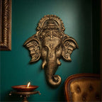 3x2.5 feet Ganesha face 3D wall sculpture | handcrafted relief mural in bronze finish for living room décor