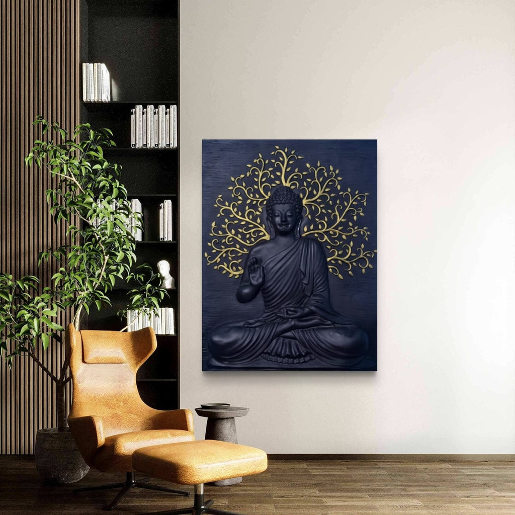 4x3 feet Buddha wall sculpture | handcrafted 3D relief mural in black finish with golden highlights for living room decor