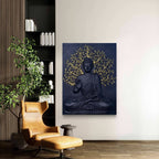 4x3 feet Buddha wall sculpture | handcrafted 3D relief mural in black finish with golden highlights for living room decor