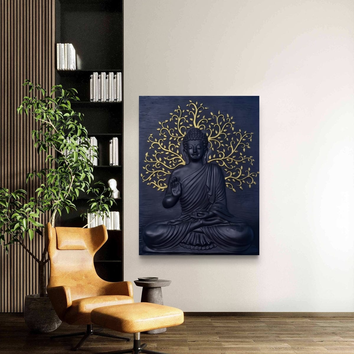 4x3 feet Buddha wall sculpture | handcrafted 3D relief mural in black finish with golden highlights for living room decor