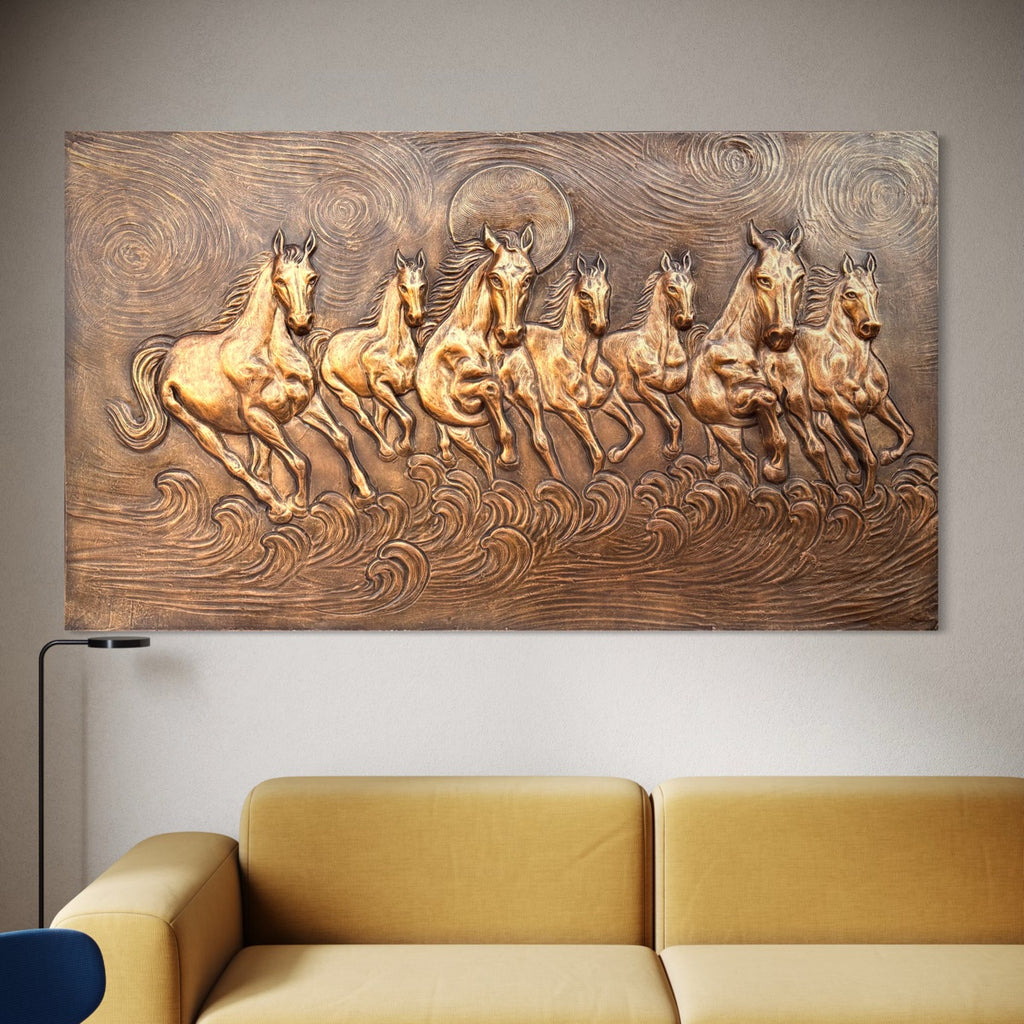 Close-up of the auspicious 7 horse left moving sculpture, showing dynamic motion and strong fiber mural craftsmanship