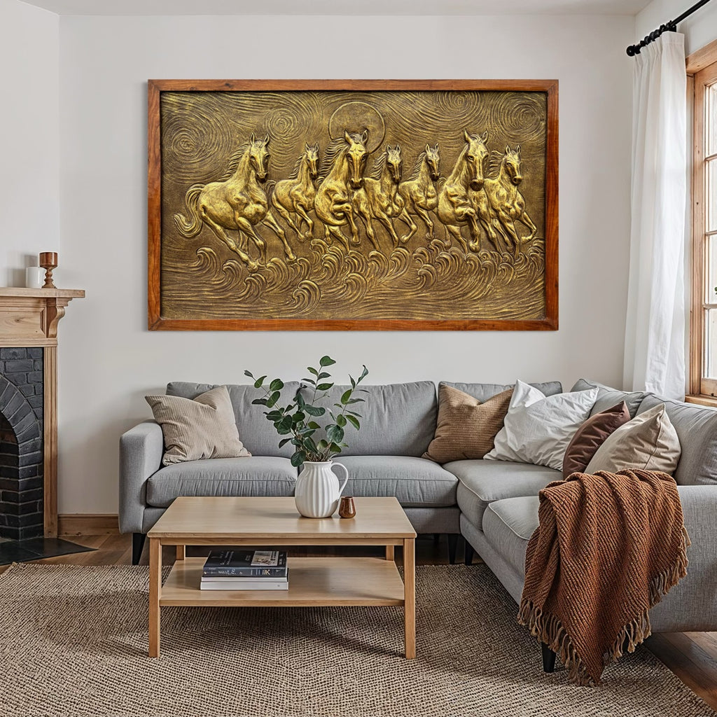 Close-up of the auspicious 7 horse left moving sculpture framed golden colour, showing dynamic motion and strong fiber mural craftsmanship