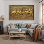 Close-up of the auspicious 7 horse left moving sculpture framed golden colour, showing dynamic motion and strong fiber mural craftsmanship