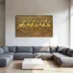 Close-up of the auspicious golden colour 7 horse left moving sculpture, showing dynamic motion and strong fiber mural craftsmanship