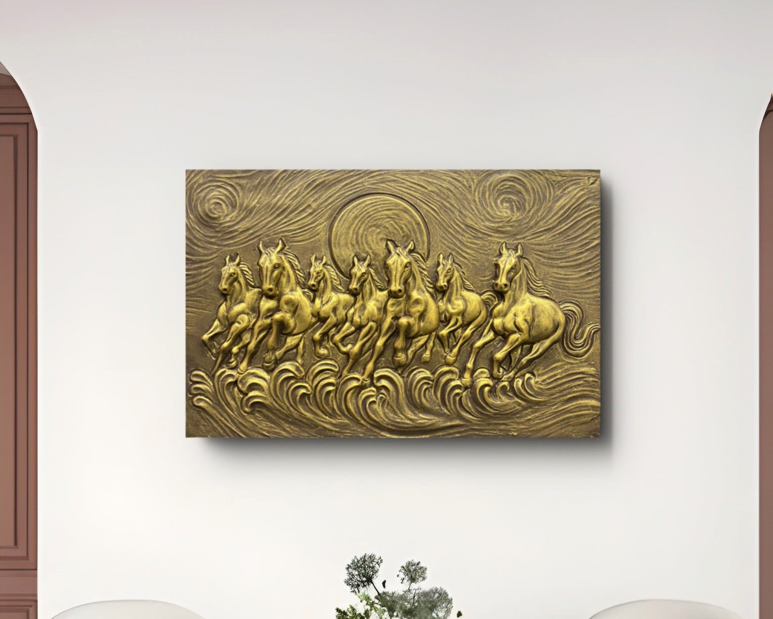 3x2 feet 7 Horses wall relief mural symbolizing power, prosperity, and progress, ideal for energizing interiors.