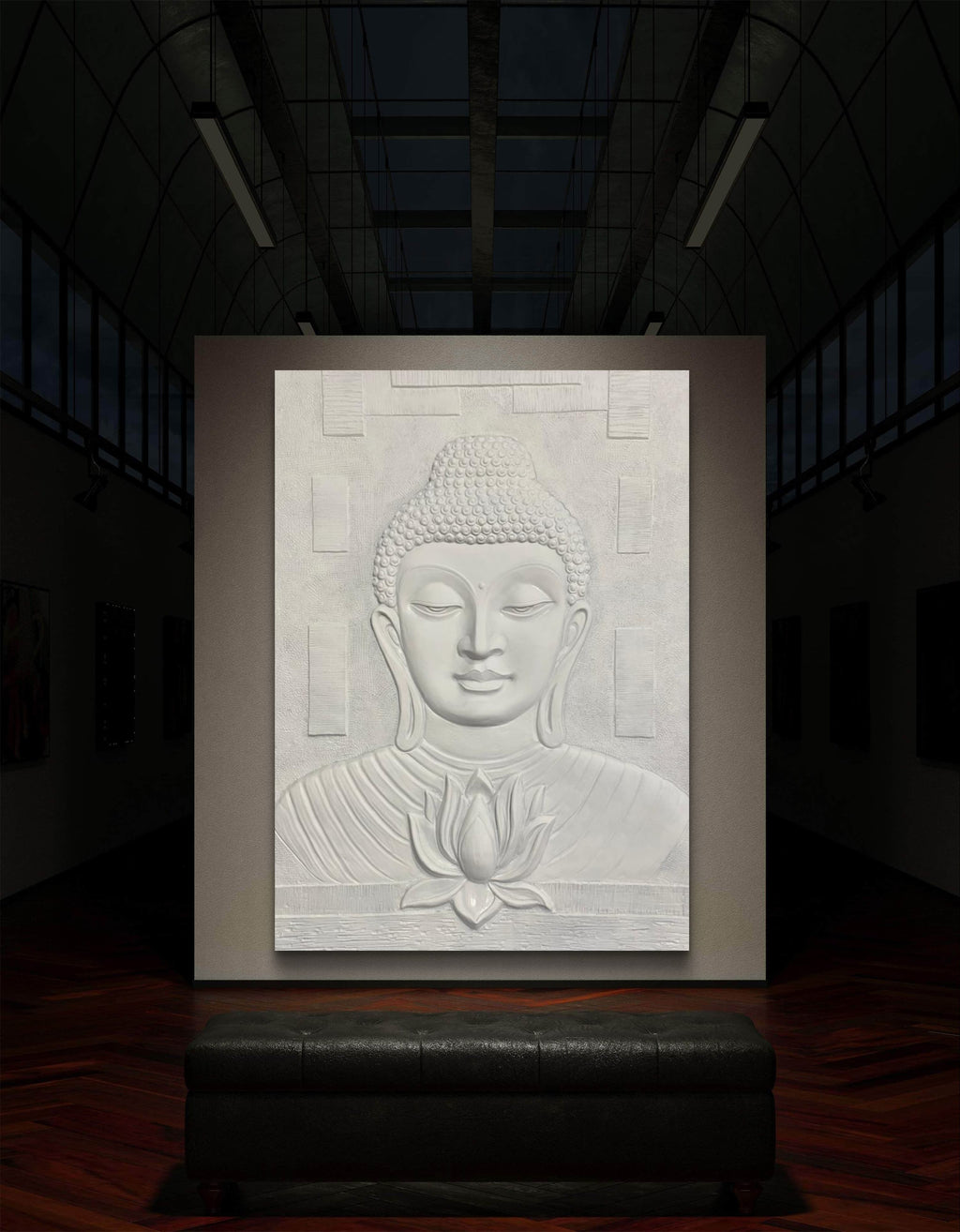 3D elevation Buddha art with symbolic lotus flower, ideal centerpiece for a workspace or living area